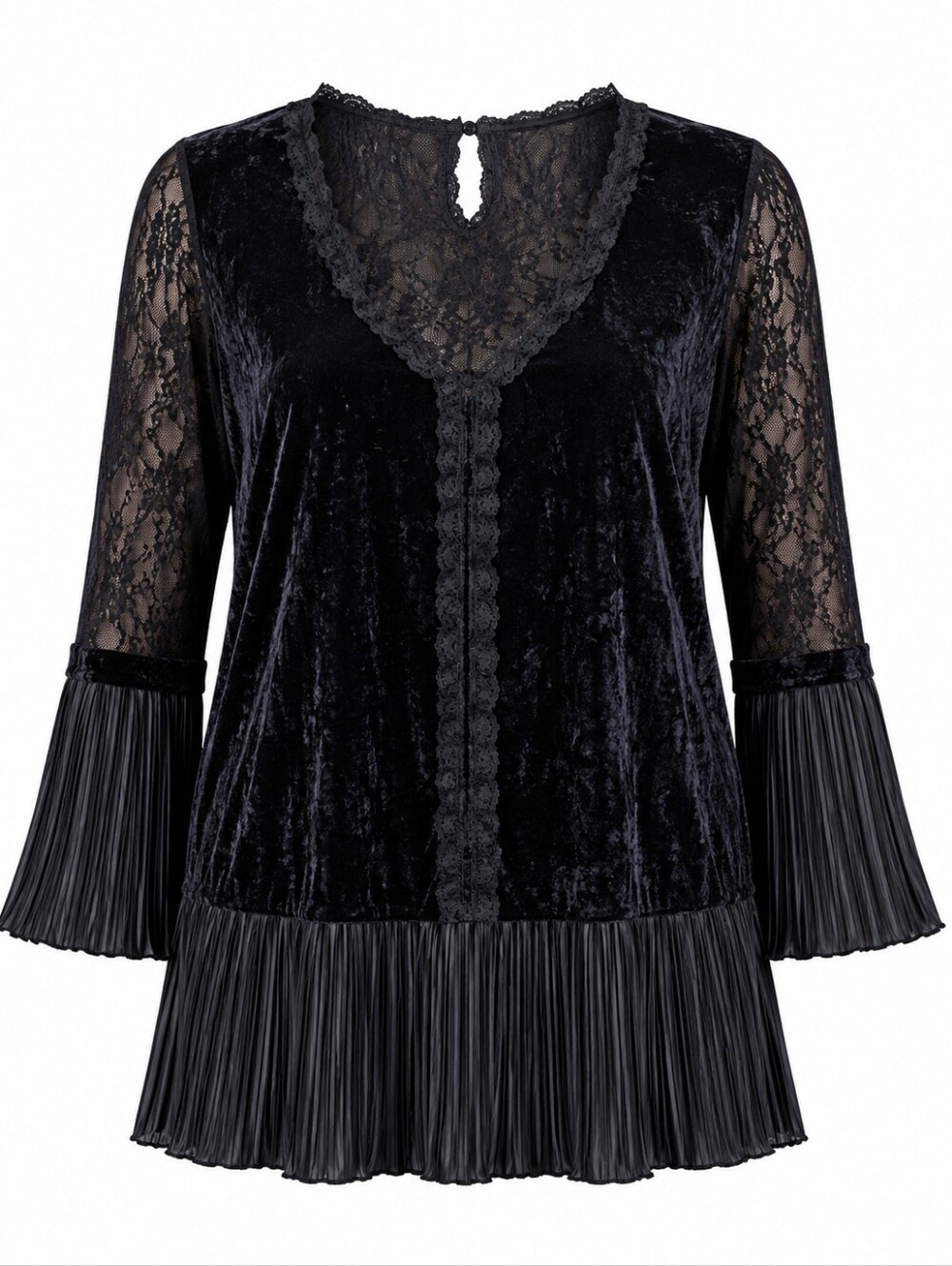 THE PYRAMID COLLECTION | Black Velvet Lace Goth Pleated Bell Sleeve Top | 3X